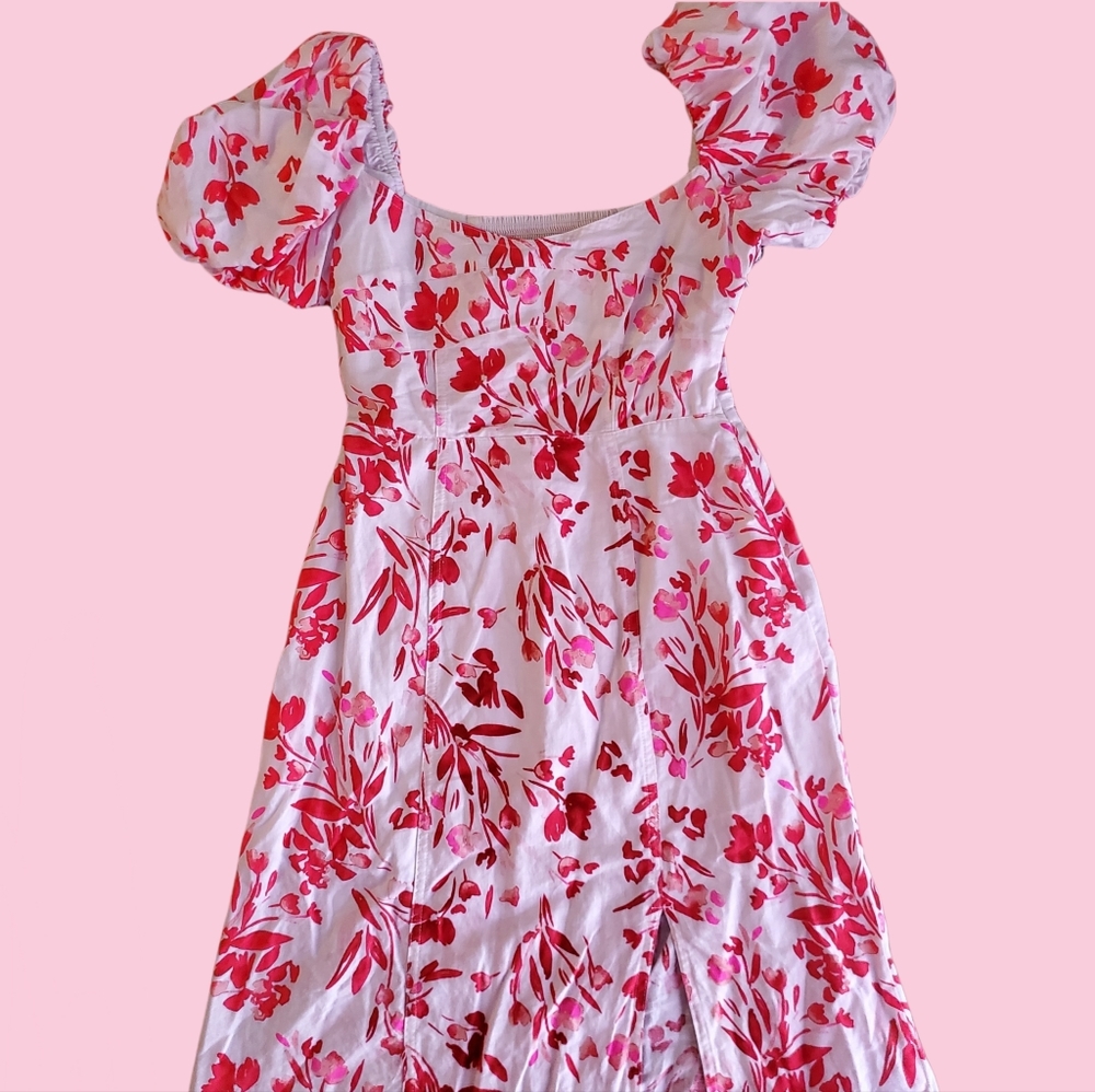 White Floral Puff Sleeve Midi Dress